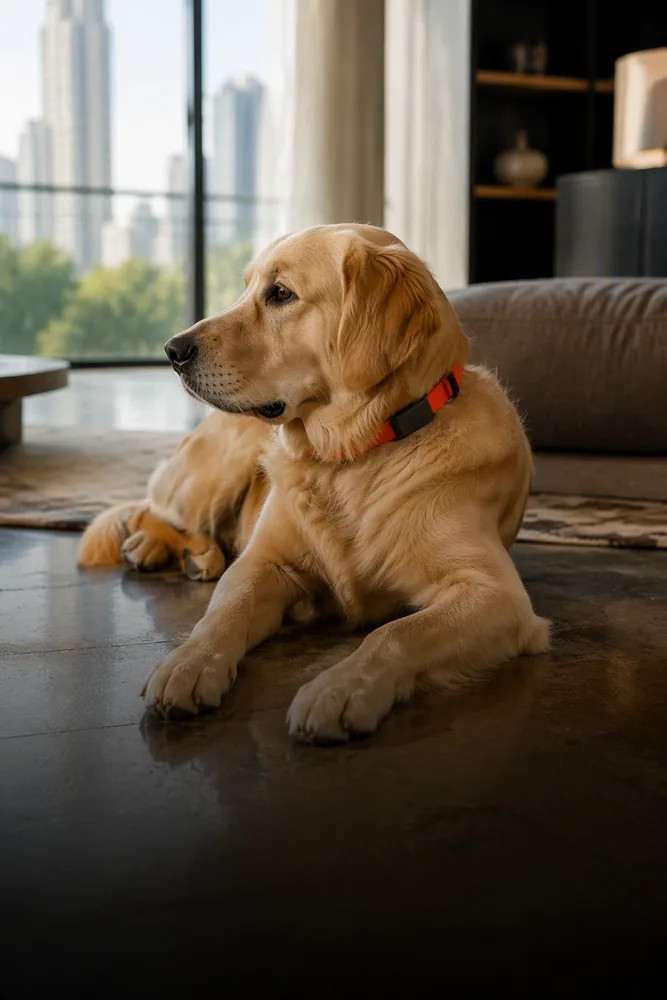 A dog resting alone in a sunlit apartment during the workday