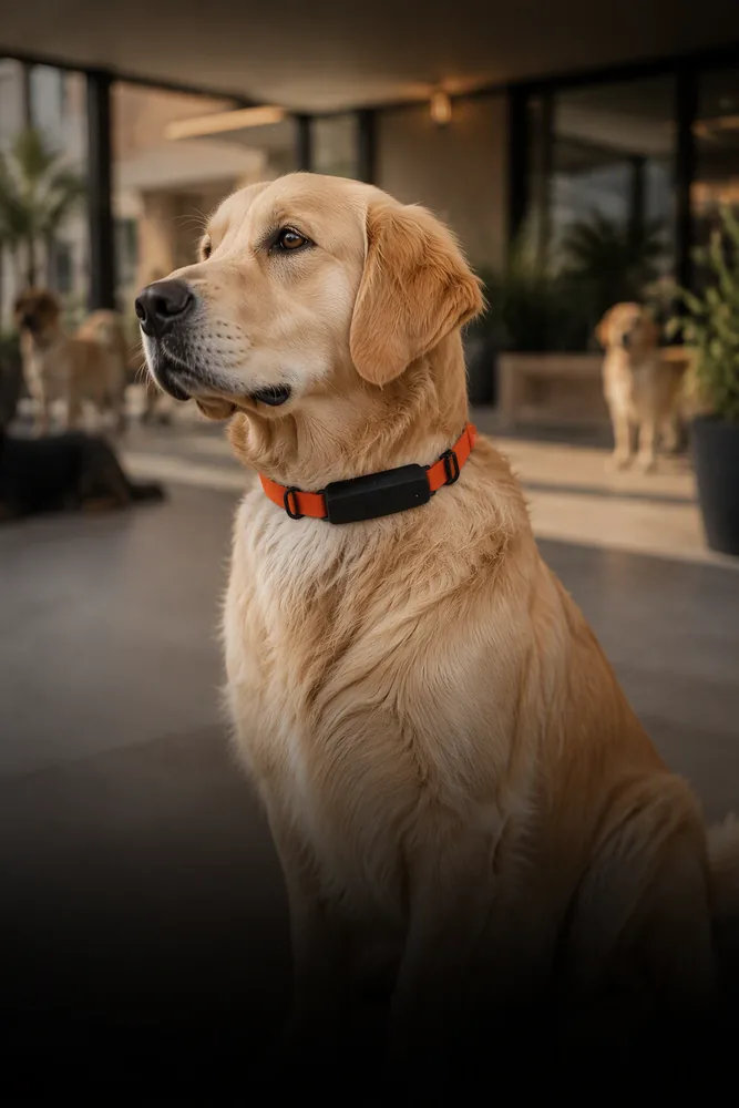 A dog settled calmly in a clean boarding setting