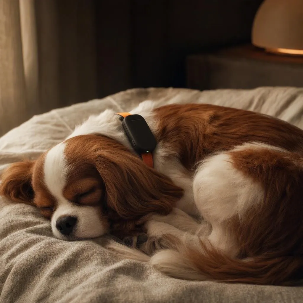 A Cavalier King Charles Spaniel sleeping peacefully, wearing the PawSense collar