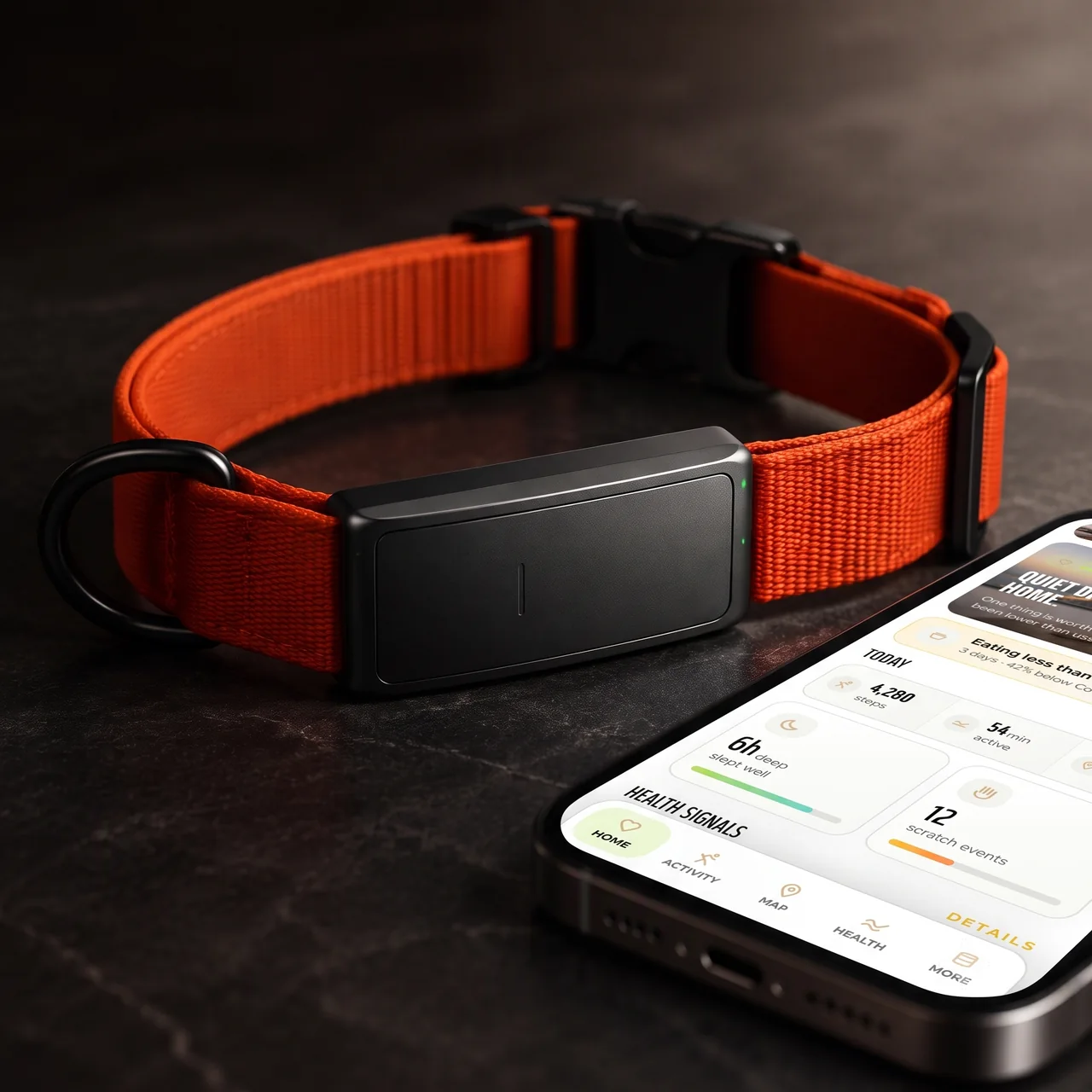 The PawSense app home screen showing what changed, beside the collar