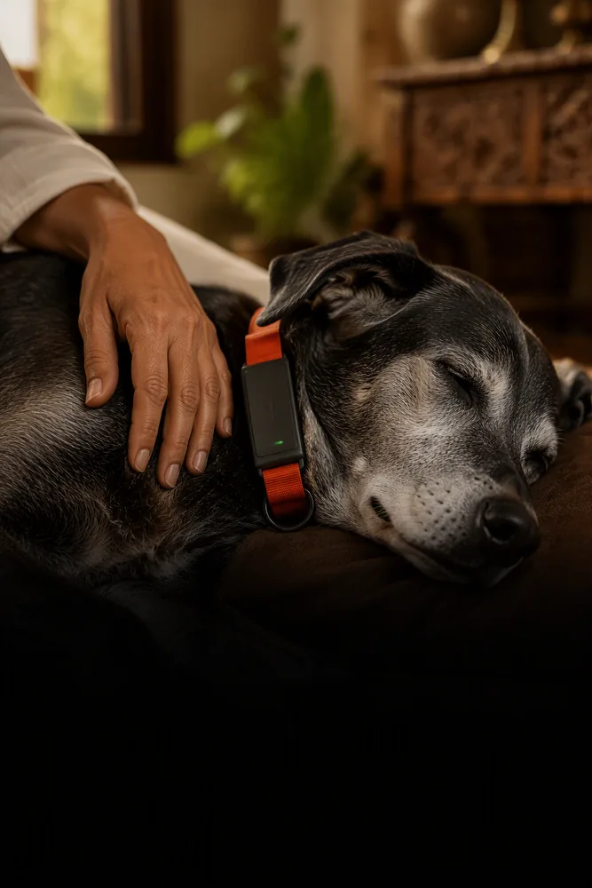 A gentle hand resting on an older, greying dog wearing the collar